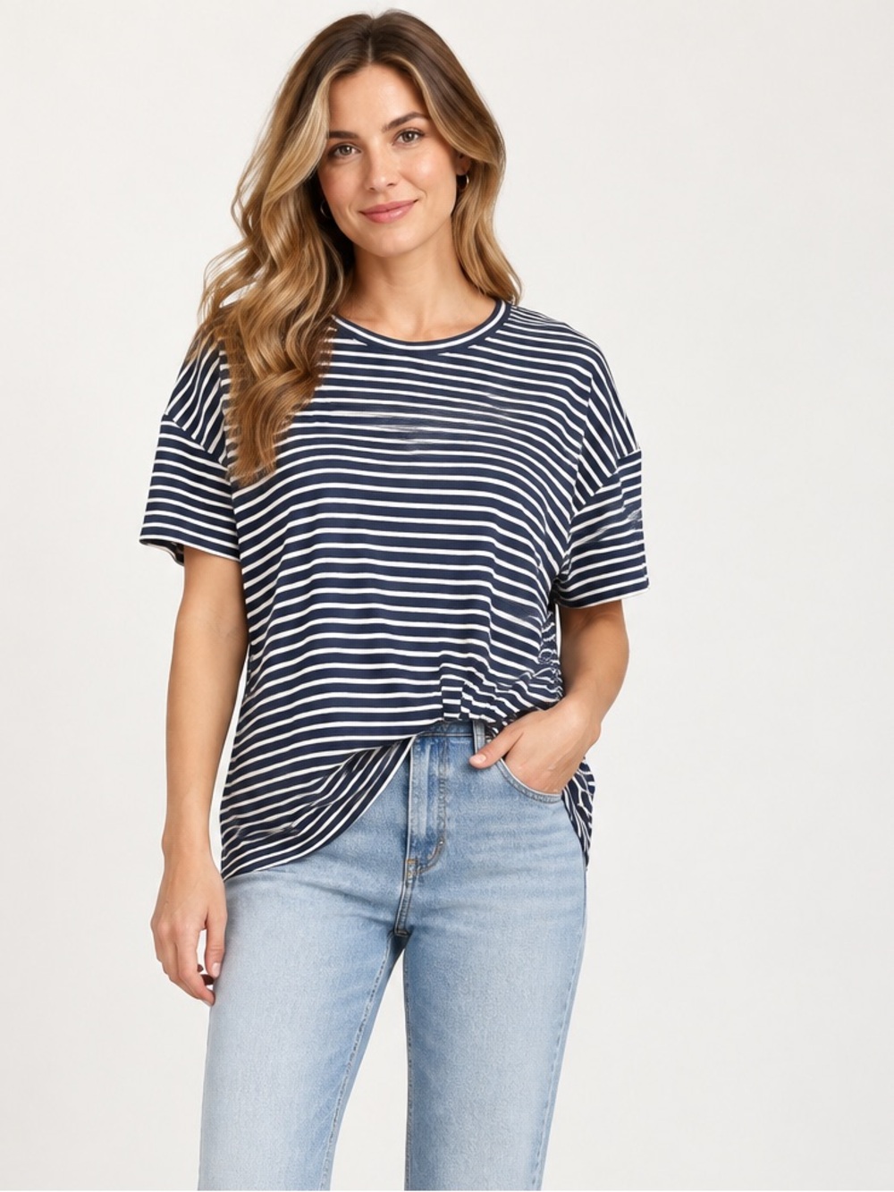 White Closet Elements Navy Striped Twist Front Top Size L NWT